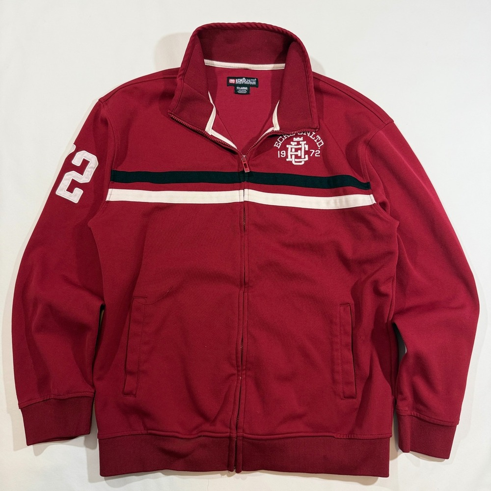 Ecko Unltd Track Jacket Mens XL Red Y2K Striped Full Zip Rhino Logo 72 Patch